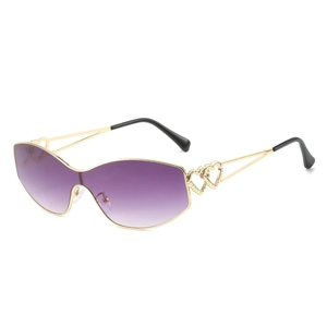 Y2K double heart cat eye sunglasses with purple gradient lenses and gold metal frames