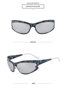 Detail view of camouflage silver cat-eye sunglasses with reflective mirror lenses