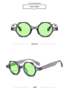 Detailed front and side views of grey polygonal sunglasses with bright green lenses