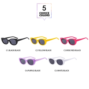 Five assorted colors of vintage cat-eye sunglasses with narrow frames in a grid layout