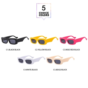 Detailed arrangement of rectangular sunglasses in black, yellow, rose, white, and beige