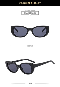 Close-up of black retro cat-eye sunglasses showing frame details and C1 color code
