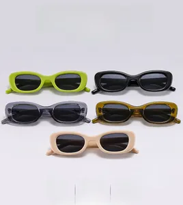 Detailed view of oval retro sunglasses in multiple colors with thick resin frames