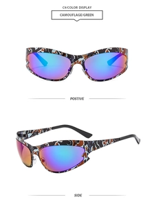 Detail of camouflage sports sunglasses with colorful reflective lenses and adjustable pads