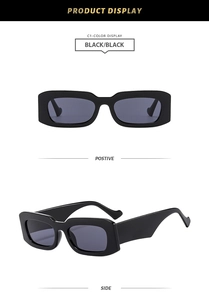 Detail view of black square frame sunglasses with thick retro Y2K temple design