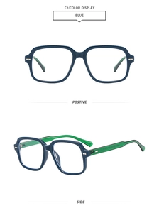 Vues détaillées des lunettes carrées bleu foncé avec branches vertes et dimensions