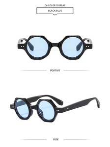 Detailed front and side view of black hexagonal sunglasses with light blue lenses