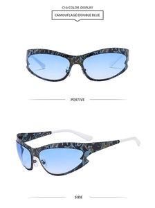Detail view of camouflage frame sports sunglasses with blue gradient lenses and white temples
