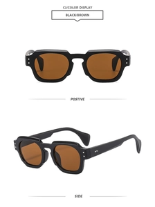 Front and side views of retro black square sunglasses with brown lenses and silver accents