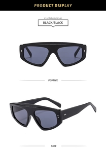 Detailed front and side view of black square sunglasses with silver stud accents