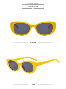 Front and side view of retro yellow cat-eye sunglasses with dark black lenses
