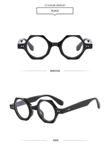 Detailed front and side views of black hexagonal frame glasses with a polished finish