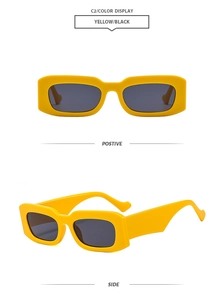 Detailed front and side views of trendy yellow square frame sunglasses with black lenses