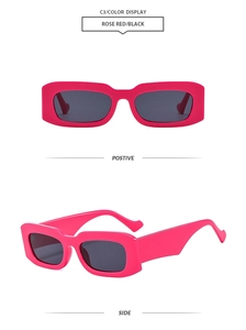 Detail view of retro rose red rectangular sunglasses with unique heart-shaped temple tips