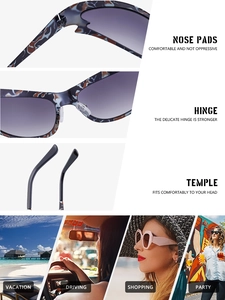 Detail view of cat eye sunglasses showing reinforced hinges and ergonomic temple design