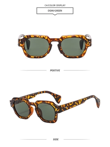 Detailed front and side views of vintage tortoiseshell sunglasses with dark green lenses