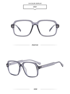 Vues détaillées avant et latérales de lunettes grises transparentes avec rivets en métal