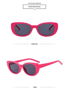 Front and side views of rose red cat eye sunglasses with black lenses and sleek finish