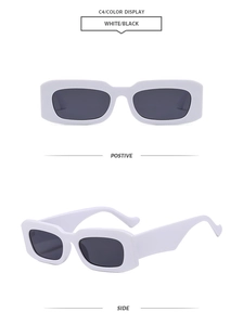 Detailed views of white square retro sunglasses with thick frames and dark lenses