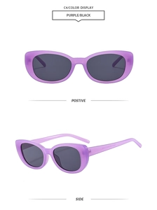Detail view of purple matte cat-eye sunglasses with dark lenses from front and side angles