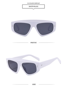 Front and side views of oversized white square frame sunglasses with dark lenses