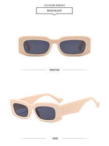 Front and side views of vintage beige rectangle sunglasses with dark gray lenses