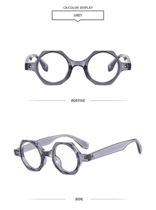 Detailed views of grey polygon sunglasses with translucent frames and metal rivets