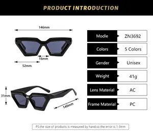 Detailed size chart for geometric thick frame sunglasses showing dimensions and materials