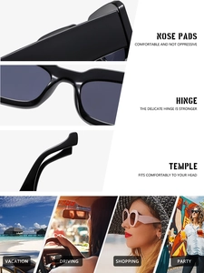 Macro shot of integrated nose pads and reinforced hinges on square frame sunglasses