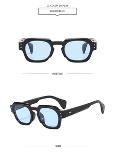 Front and side view of vintage square sunglasses with black frame and blue lenses
