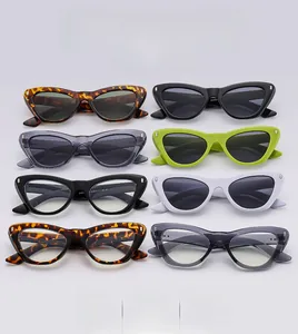 Cat eye sunglasses and frames in various colors with metallic stud accents on the temples