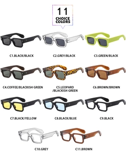 Multiple color variants of square vintage sunglasses with rice nail detailing and sleek frames
