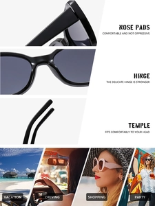 Detailed close-up of ergonomic nose pads and high-quality metal hinges on cat eye sunglasses