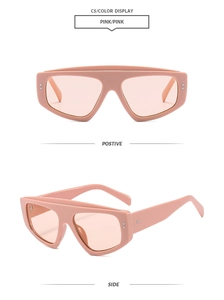 Detailed front and side views of oversized pink pilot sunglasses with silver rivet accents