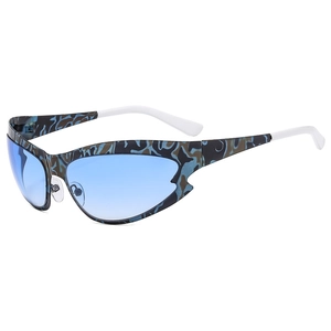 Futuristic cat-eye sports sunglasses with blue gradient lenses and camo frames
