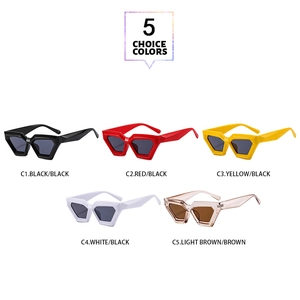 Detailed display of five colorful geometric thick frame sunglasses in various trendy shades