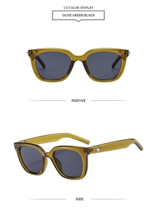 Detail of olive green square sunglasses featuring silver star metal accents on the temple