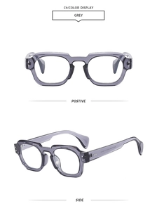 Detailed views of grey translucent irregular geometric eyeglass frames from two angles