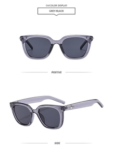 Detail of grey translucent frame sunglasses with star metal accent and black lenses