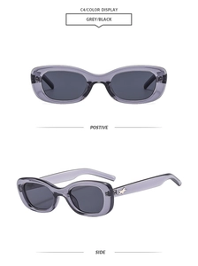 Detail view of oval sunglasses featuring silver star ornaments on grey transparent frames