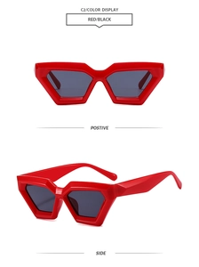 Front and side views of red geometric polygon sunglasses with dark polarized lenses