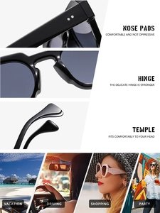 Detail view of reinforced hinges and integrated nose pads on stylish black square sunglasses