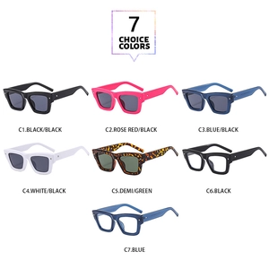 Detailed view of rectangular thick frame sunglasses in seven color and lens options