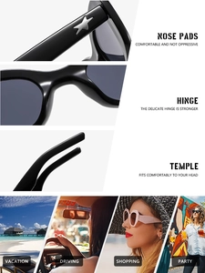 Detail view of oval sunglasses featuring silver star logos and multiple lifestyle scenes