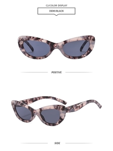 Detailed front and side view of cat eye sunglasses with marble tortoise texture