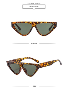 Detailed front and side views of triangle cat eye sunglasses with demi frames and green lenses