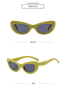 Front and side views of green cat eye sunglasses with grey lenses in high detail