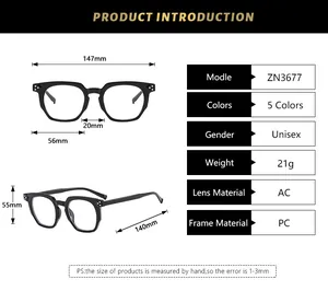 Detailed sizing chart and specifications for polygonal blue light blocking glasses