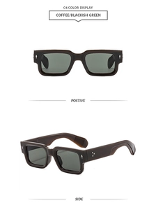 Front and side views of vintage square coffee sunglasses with metal rivet details