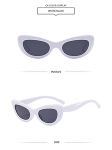 Front and side views of vintage white cat-eye sunglasses with dark black lenses